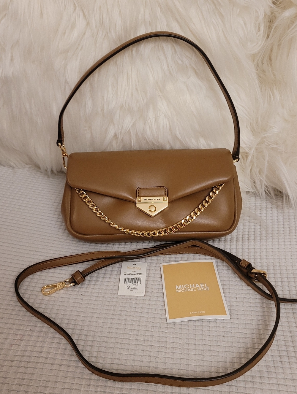 Michael Kors Tan Leather Shoulder Bag with Gold Chain Crossbody 8.5" X 4"